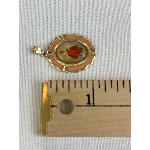 Vintage German Pendant Hand-Painted Figure In Gold-Tone Pink Frame - Picture 4 of 4